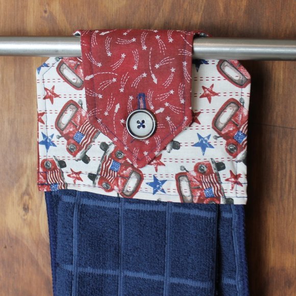 AMERICAN FLAG CLASSIC TRUCK HANDMADE HANGING TOWEL PATRIOTIC RED WHITE & BLUE - Picture 3 of 5